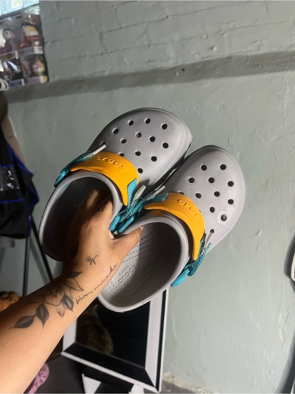Kids Gray Clog Shoes with Yellow Strap and Teal Accents